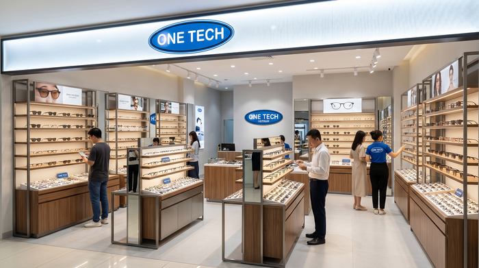 Bố trí kệ trưng bày kính mắt theo không gian Minh họa bố trí kệ trưng bày mắt kính theo góc và lối đi
